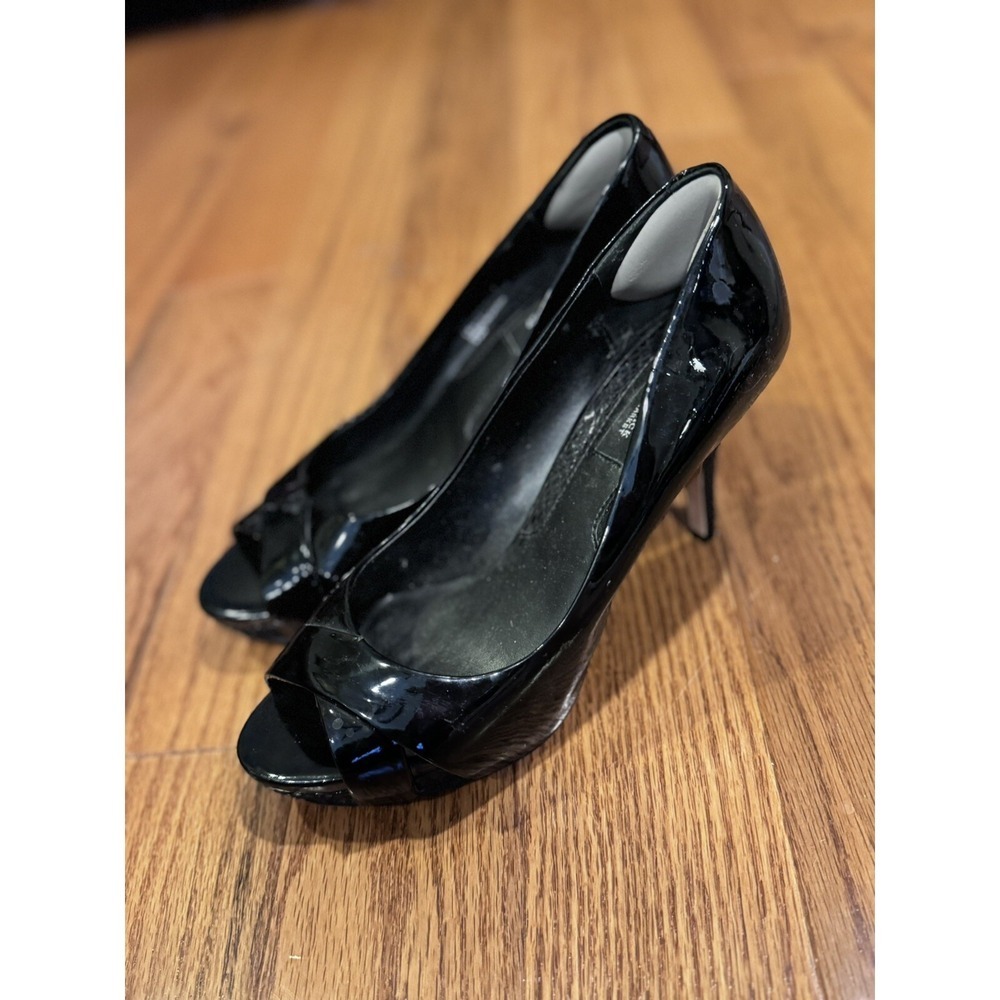 White House Black Market Black Patent Open Toe Heels 7.5M Office Siren Stiletto‎